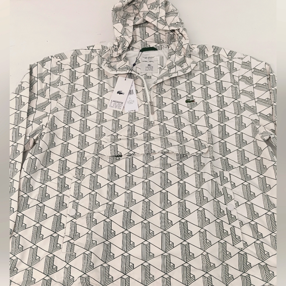 Lacoste Men's LIVE White/Green Monogram Patterned Pullover Windbreaker